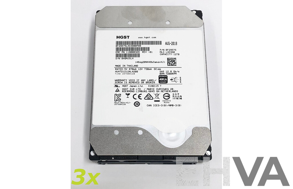 HGST (HUH721212AL4200) 12TB 7.2K SAS 12Gbps 3.5-Inch Hard Drive - Lot of Three