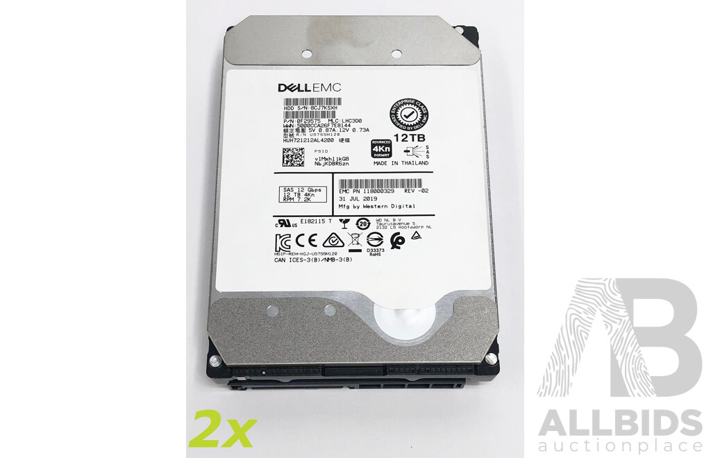 Dell EMC (HUH721212AL4200) 12TB 7.2K SAS 12Gbps 3.5-Inch Hard Drive - Lot of Two