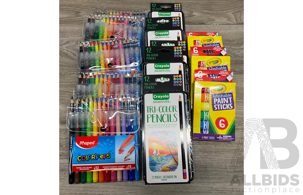 MAPOD Colorpeps Multi Pack with Colour Pencils & Felt Tip Pens & CRAYOLA 12 Tri-Color Pencils & 6 Washable Paint Sticks - Lot 13