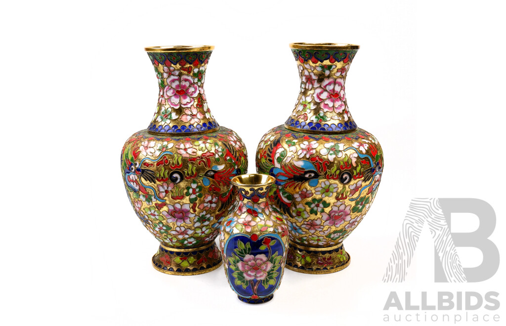 Three Delicate Chinese Cloisonne Vases with Floral Motif