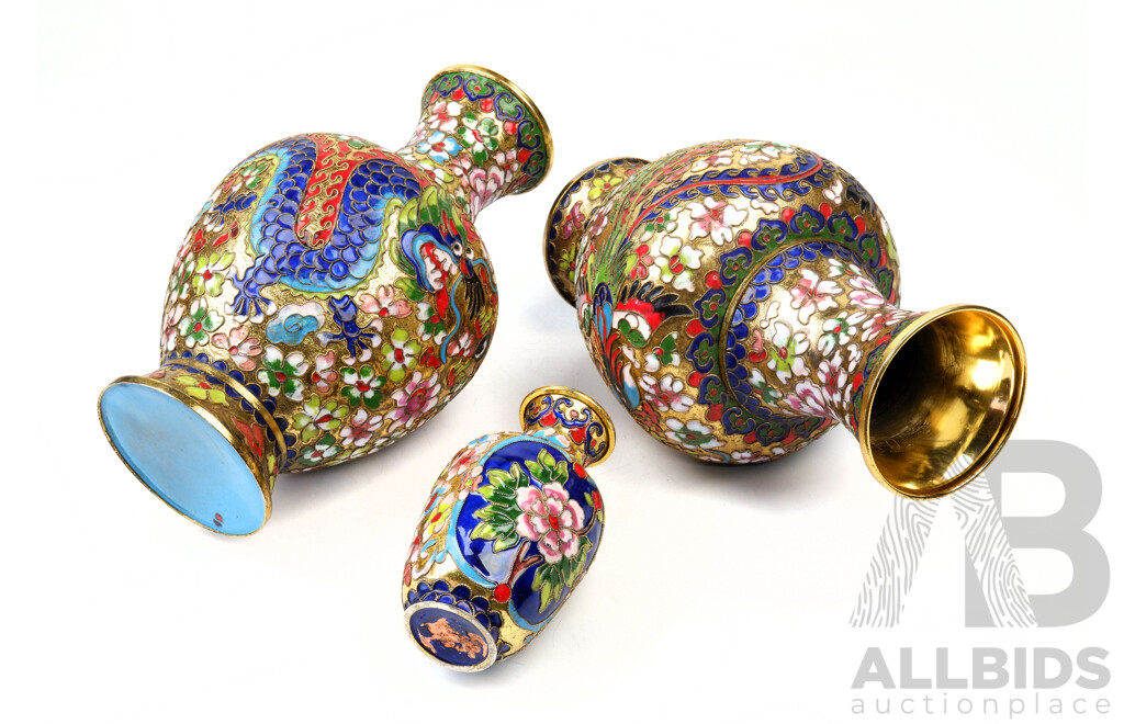Three Delicate Chinese Cloisonne Vases with Floral Motif