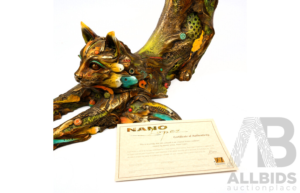 Fantastic Large Gato Grande Bronze Cat Sculpture by Nano Lopez with Certificate of Authenticity and Original Sales Receipt