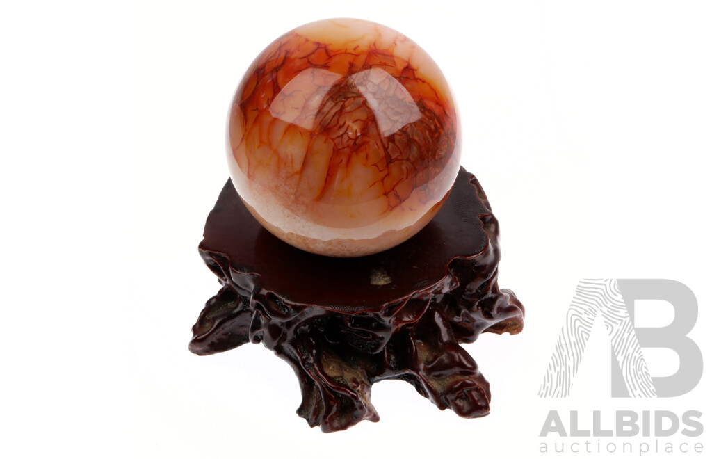 Natural Carved Red Carnelian Agate Sphere on Carved Wooden Stand, 12cm Diameter