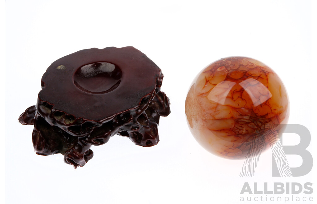 Natural Carved Red Carnelian Agate Sphere on Carved Wooden Stand, 12cm Diameter