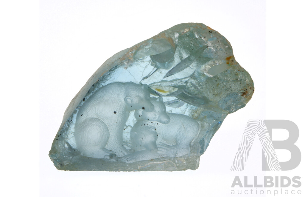 Aquamarine Natural Sculpture with Reverse Carved Polar Bear Design with Inclusions, 313 Grams