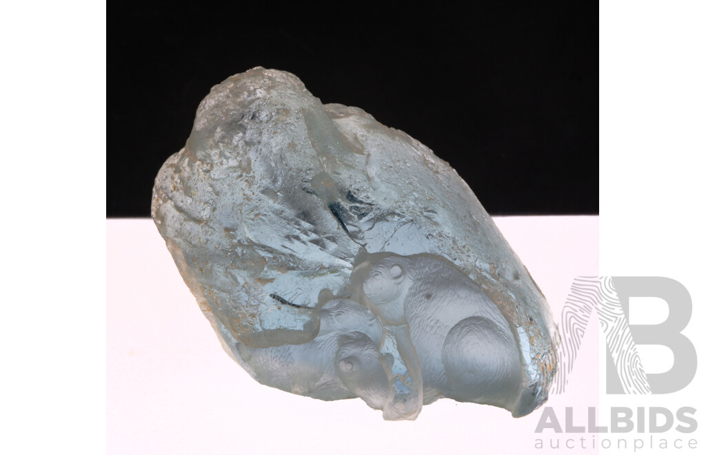 Aquamarine Natural Sculpture with Reverse Carved Polar Bear Design with Inclusions, 313 Grams