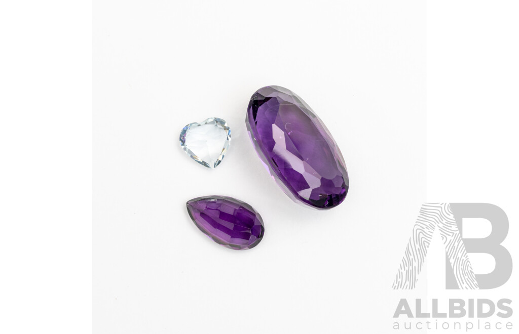 Amethyst (2) Natrual Unset Pear 2.08ct & Oval 12.21ct & White Topaz 1.38ct Heart Cut