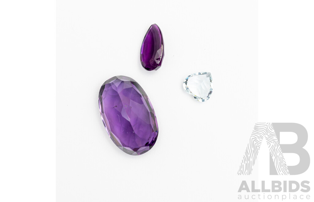 Amethyst (2) Natrual Unset Pear 2.08ct & Oval 12.21ct & White Topaz 1.38ct Heart Cut