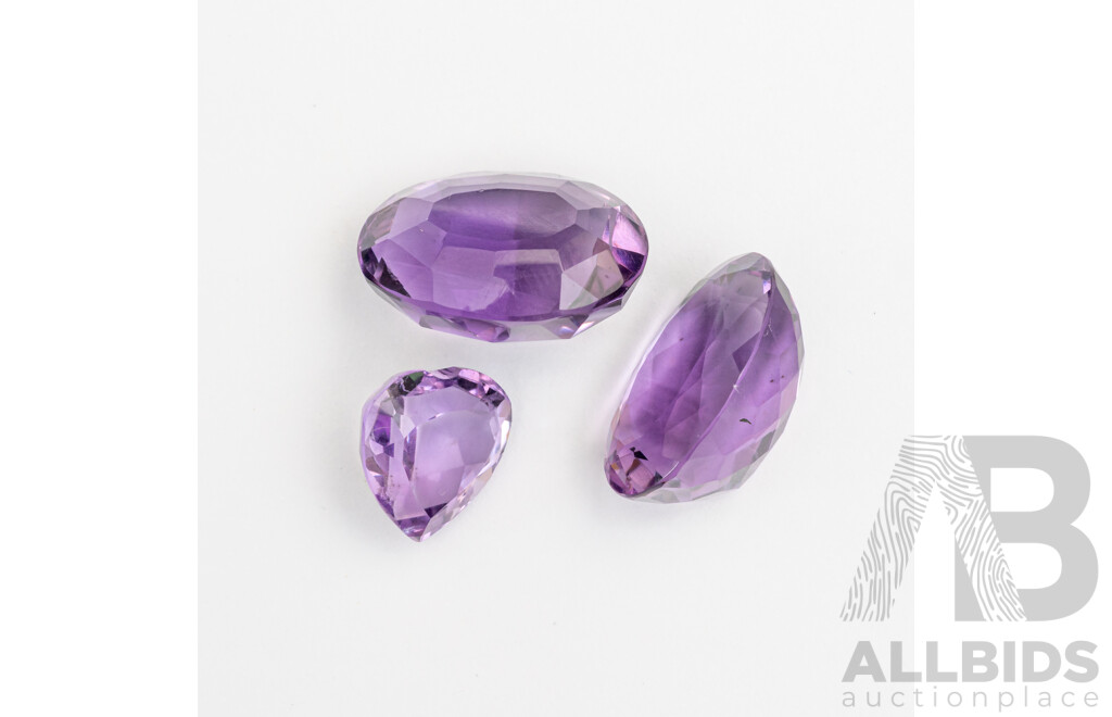 Amethyst (3) Unset Gemstones, Oval 8.41ct, Oval 10.78ct, Heart 3.79ct