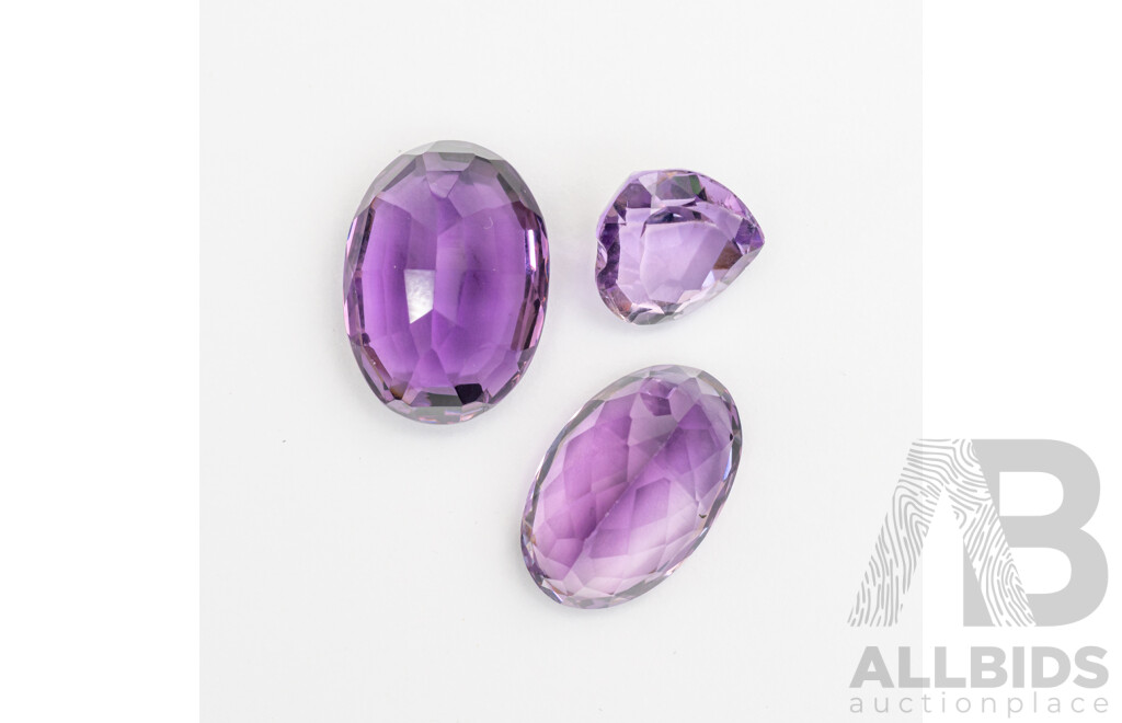 Amethyst (3) Unset Gemstones, Oval 8.41ct, Oval 10.78ct, Heart 3.79ct