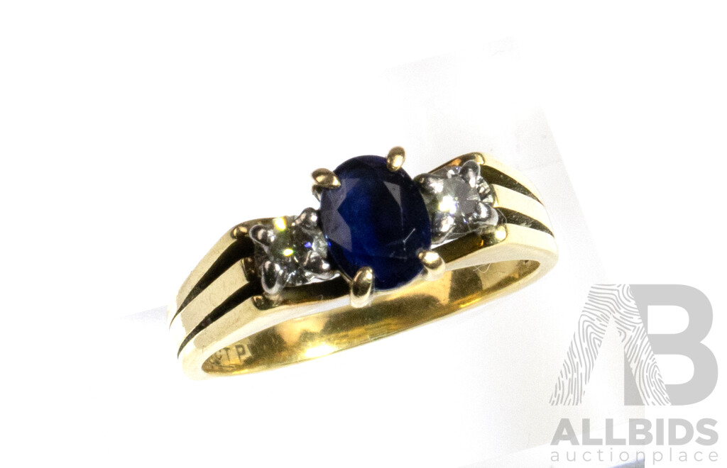 18ct Vintage Natural Sapphire and Diamond Ring, Size L, 4.56 Grams