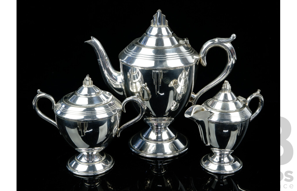 Three Piece Antique Art Deco Silver PLate Tea Set by Sir John Bennett