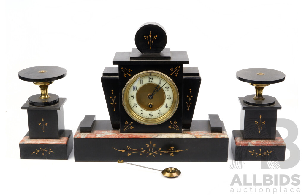 Antique French Three Piece Marble and Slate Garniture Mantle Clock Set, Circa 1880