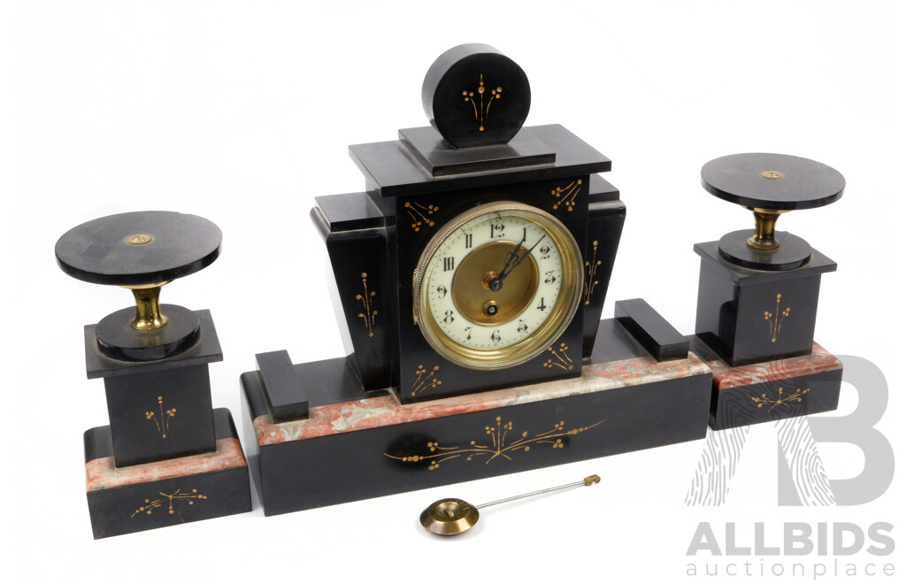 Antique French Three Piece Marble and Slate Garniture Mantle Clock Set, Circa 1880
