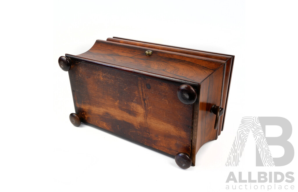 Antique Rosewood Sarcophagus Form Tea Caddy with Bun Feet and Original Interior