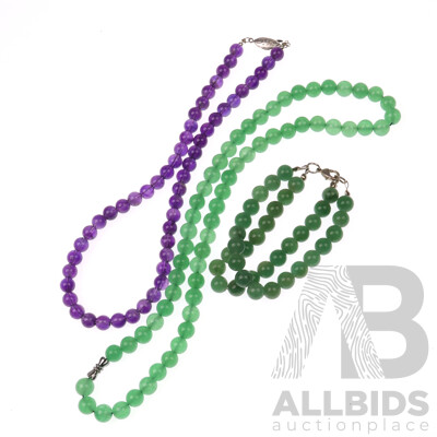 Amethyst and Green Agate Beaded Necklaces and Bracelet