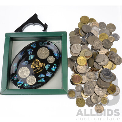New Zealand Fiordland Souvenier Coin Inset Plate and Bag Full of Mixed Demonomination Coins of the World