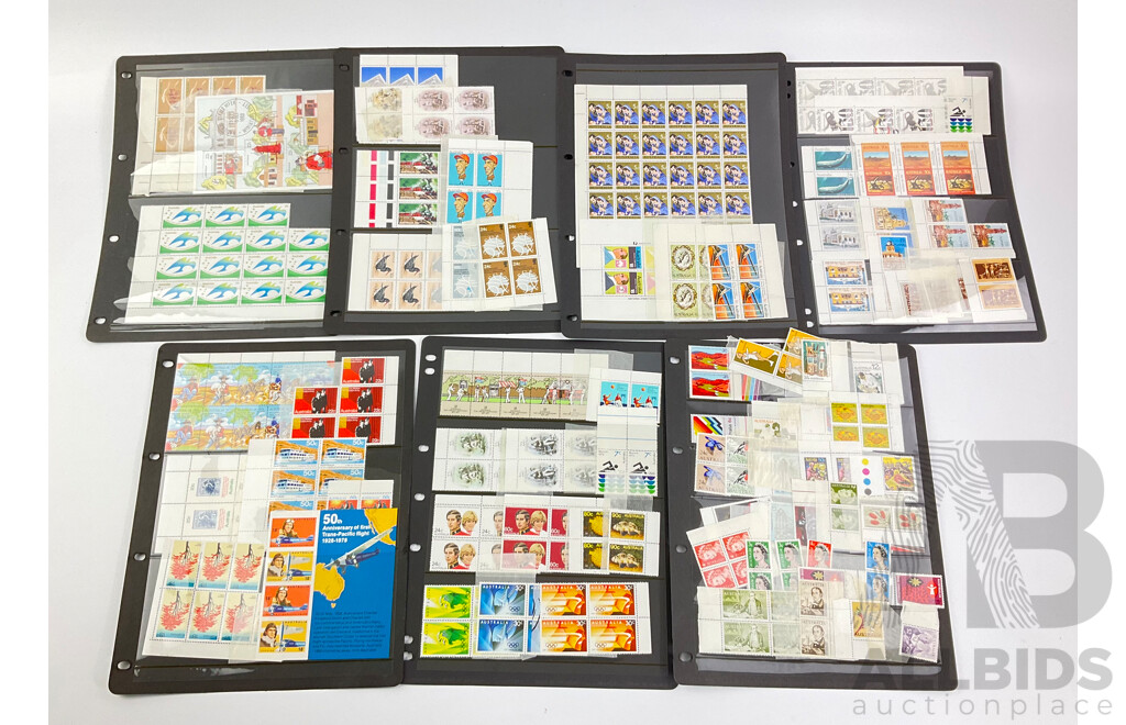 Collection of Australian 1960's, 70's and 80's Mint Stamps, Blocks and Gutters, Including 1966 Captain Cook, 1969, 1965 Christmas, 1975 PNG Independance, 1980 Stamp Week, Waltzing Matilda, 1981 CHOGM and More