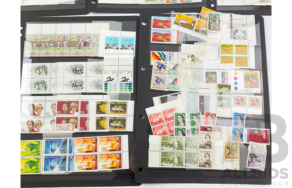 Collection of Australian 1960's, 70's and 80's Mint Stamps, Blocks and Gutters, Including 1966 Captain Cook, 1969, 1965 Christmas, 1975 PNG Independance, 1980 Stamp Week, Waltzing Matilda, 1981 CHOGM and More