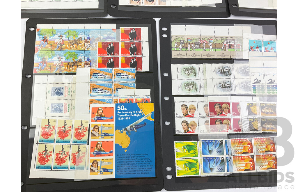 Collection of Australian 1960's, 70's and 80's Mint Stamps, Blocks and Gutters, Including 1966 Captain Cook, 1969, 1965 Christmas, 1975 PNG Independance, 1980 Stamp Week, Waltzing Matilda, 1981 CHOGM and More