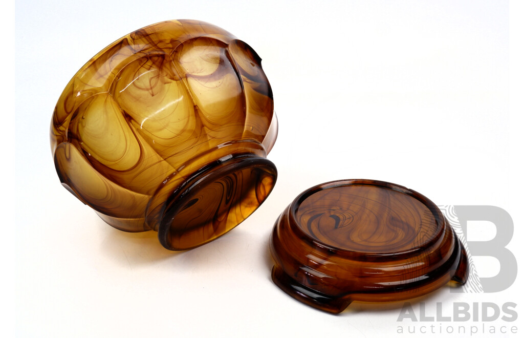 Art Deco Swirled Amber Glass Punch Bowl on Matching Stand