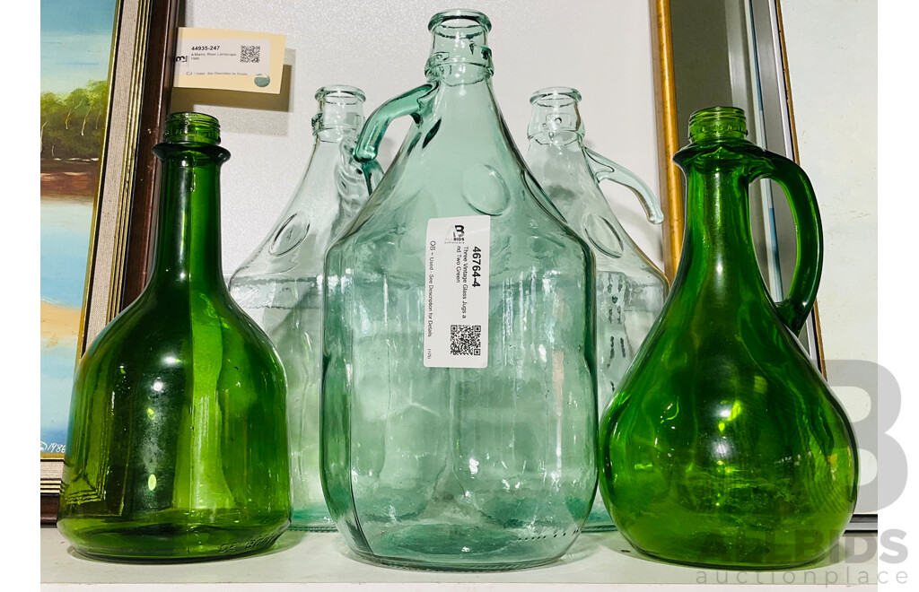 Three Vintage Glass Jugs and Two Green