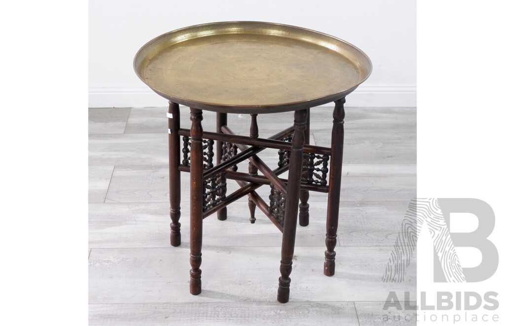 Vintage Folding Table with Etched Brass Plate Top