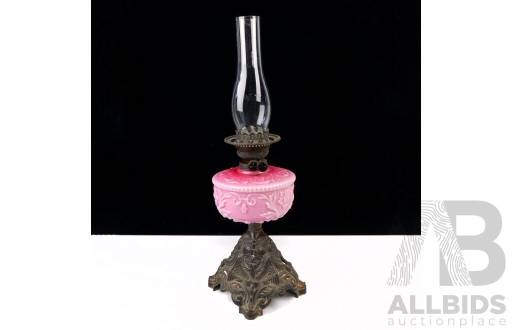 Antique Oil Lamp with Pink Glass with Pressed Floral Detail and Glass Chimney