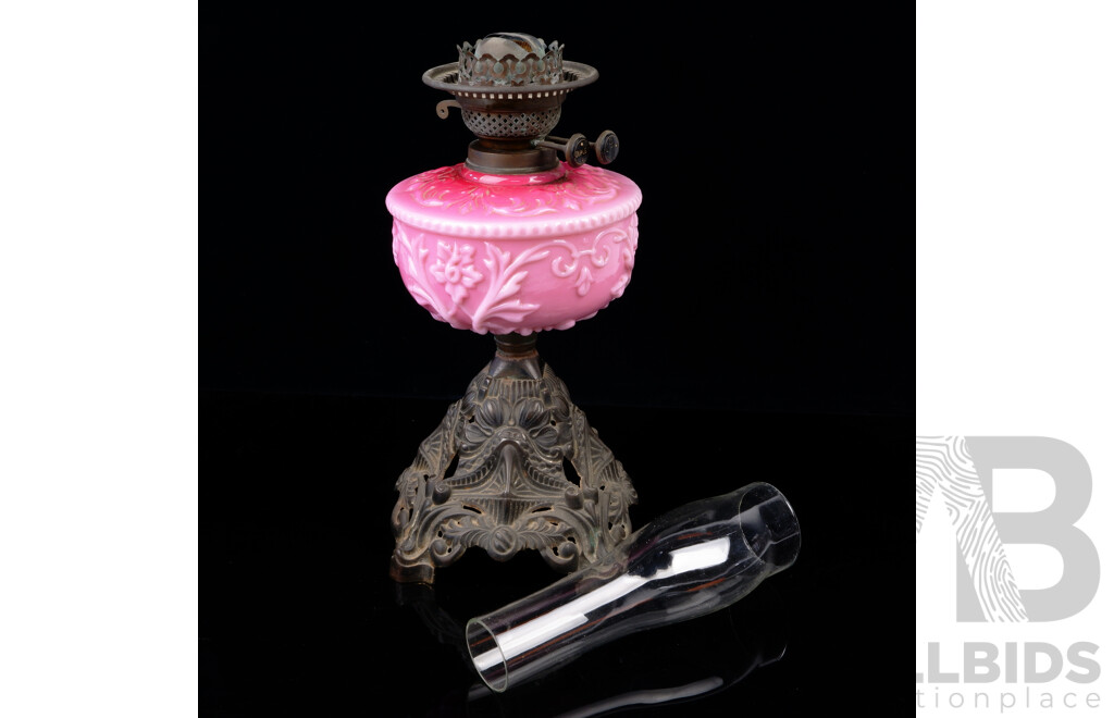 Antique Oil Lamp with Pink Glass with Pressed Floral Detail and Glass Chimney
