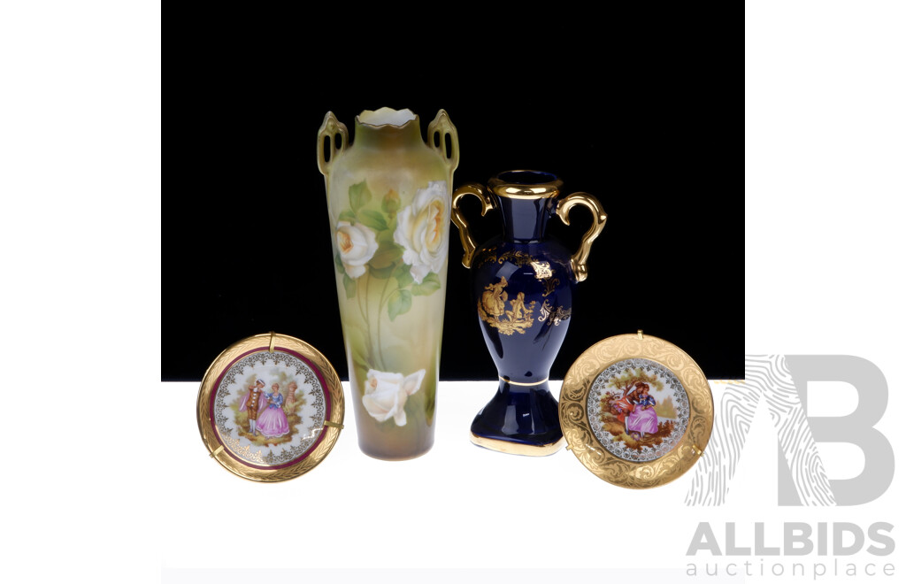 Collection Three French Limoges Porcelain Pieces Along with a German Konigin Porcelain Vase