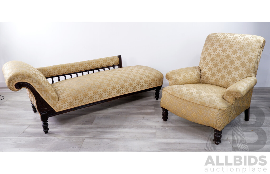 Edwardian Gold Brocade Chaise Lounge and Armchair