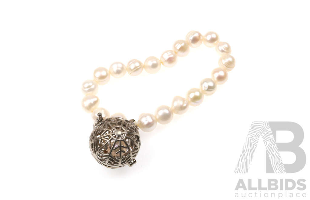 Freshwater Cultured Baroque Pearl Bracelet with Sterling Silver Harmony Ball with Pearl Inside, 18cm