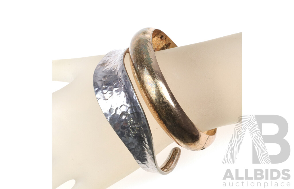 Sterling Silver Hammered Finish Cuff Bangle and SS Gold Tone Hinged Bangle, 39.52 Grams