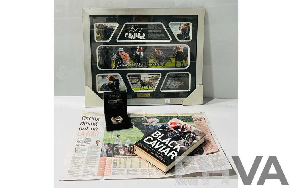 ‘Black Caviar’ Race Horse Limited Edition Commemorative Framed Photo and Statistics Display, Alongside a Book by Gerard Whateley with a Newspaper Article From 2013, and a Commemorative Medallion in Box