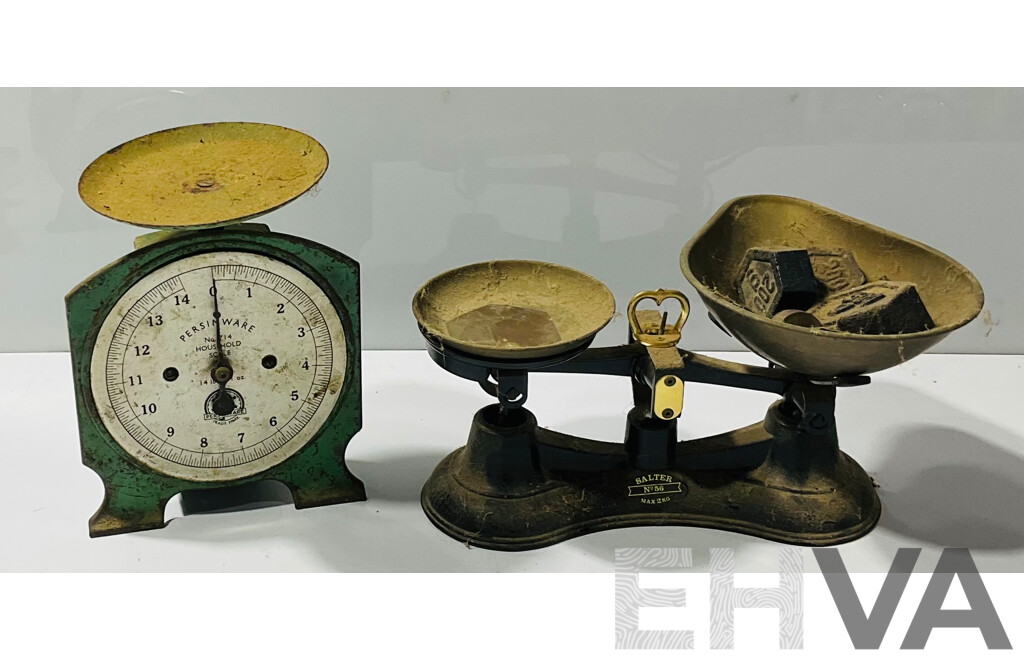 Vintage Persinware No 714 Kitchen Scales Alongside a Salter No 56 Set of Scales Complete with Five Weights