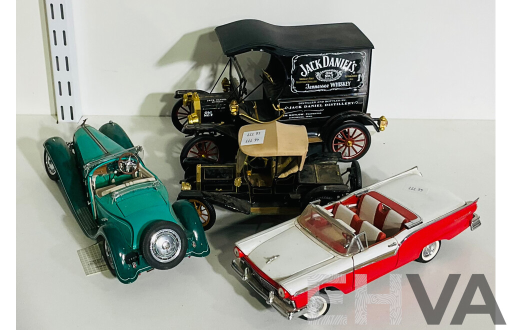 Collection of Four Collectible Franklin Mint Precision Model Cars Including a Jim Beam Ford  Model T with Five Removable Whiskey Barrels