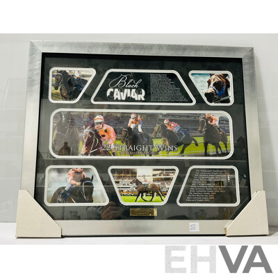 ‘Black Caviar’ Race Horse Limited Edition Commemorative Framed Photo and Statistics Display, Alongside a Book by Gerard Whateley with a Newspaper Article From 2013, and a Commemorative Medallion in Box