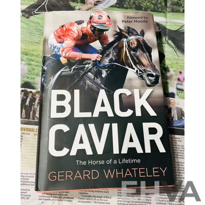 ‘Black Caviar’ Race Horse Limited Edition Commemorative Framed Photo and Statistics Display, Alongside a Book by Gerard Whateley with a Newspaper Article From 2013, and a Commemorative Medallion in Box