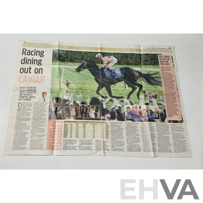 ‘Black Caviar’ Race Horse Limited Edition Commemorative Framed Photo and Statistics Display, Alongside a Book by Gerard Whateley with a Newspaper Article From 2013, and a Commemorative Medallion in Box
