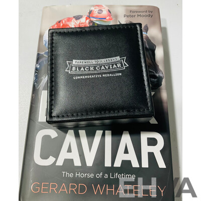 ‘Black Caviar’ Race Horse Limited Edition Commemorative Framed Photo and Statistics Display, Alongside a Book by Gerard Whateley with a Newspaper Article From 2013, and a Commemorative Medallion in Box