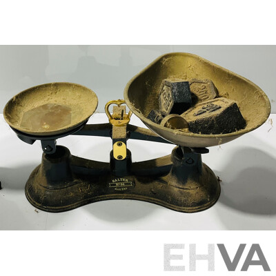 Vintage Persinware No 714 Kitchen Scales Alongside a Salter No 56 Set of Scales Complete with Five Weights