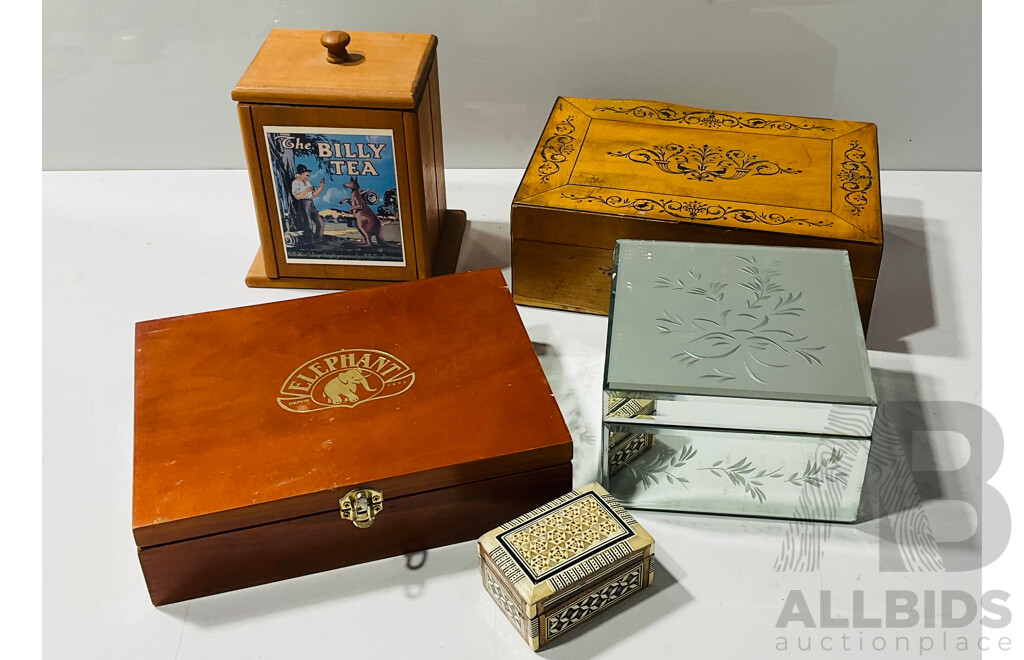 Collection of Four Varied Wooden Boxes and One Mirrored Glass Box