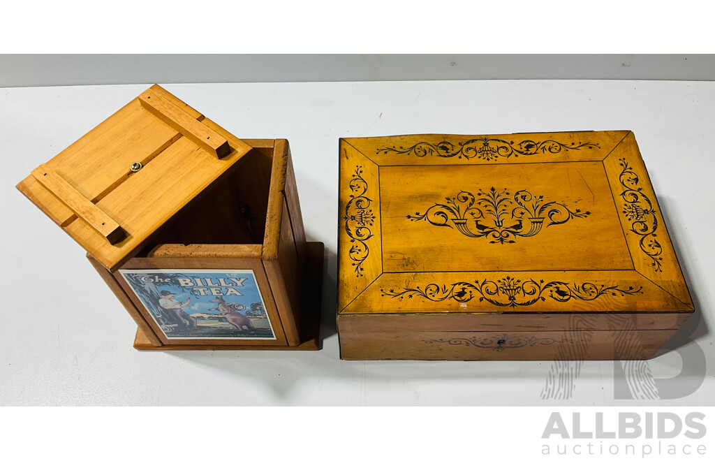 Collection of Four Varied Wooden Boxes and One Mirrored Glass Box
