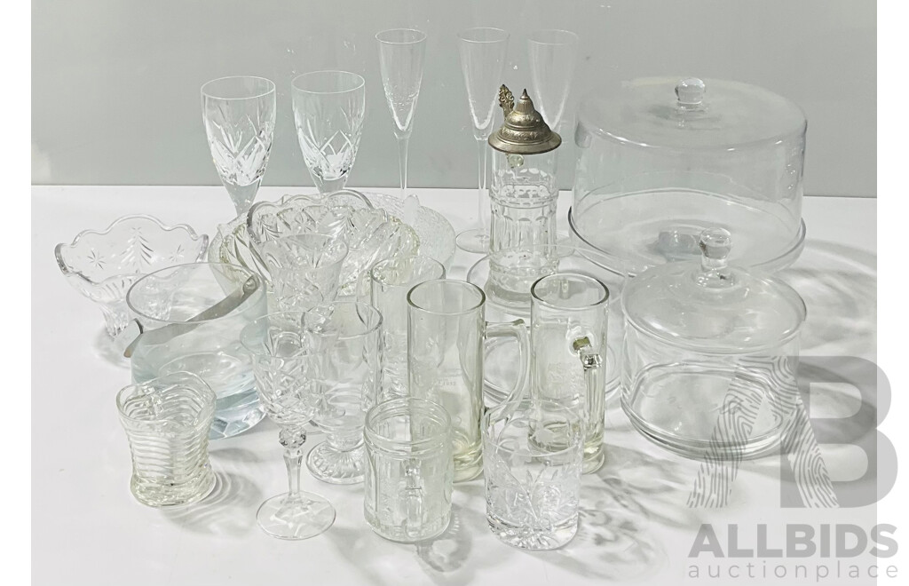 Large Collection of Glass and Crystal Items Including Cake Stand with Cover, a Beer Stein, Pair of Both Red and White Wine Crystal Glasses and More