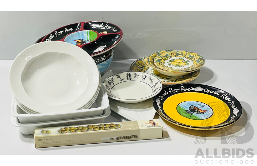 Collection of Homewares Including Maxwell & Williams Boboli Collection - Made in Italy - Ceramica Salerno, Living Art Quest for Life  Plate, Savoury Sectioned Plate and Large Salad Bowl, Royal Doulton Large White Bowls X 4 and More