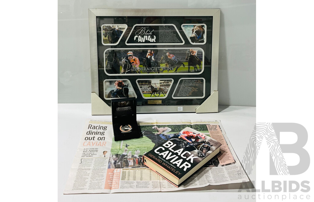‘Black Caviar’ Race Horse Limited Edition Commemorative Framed Photo and Statistics Display, Alongside a Book by Gerard Whateley with a Newspaper Article From 2013, and a Commemorative Medallion in Box