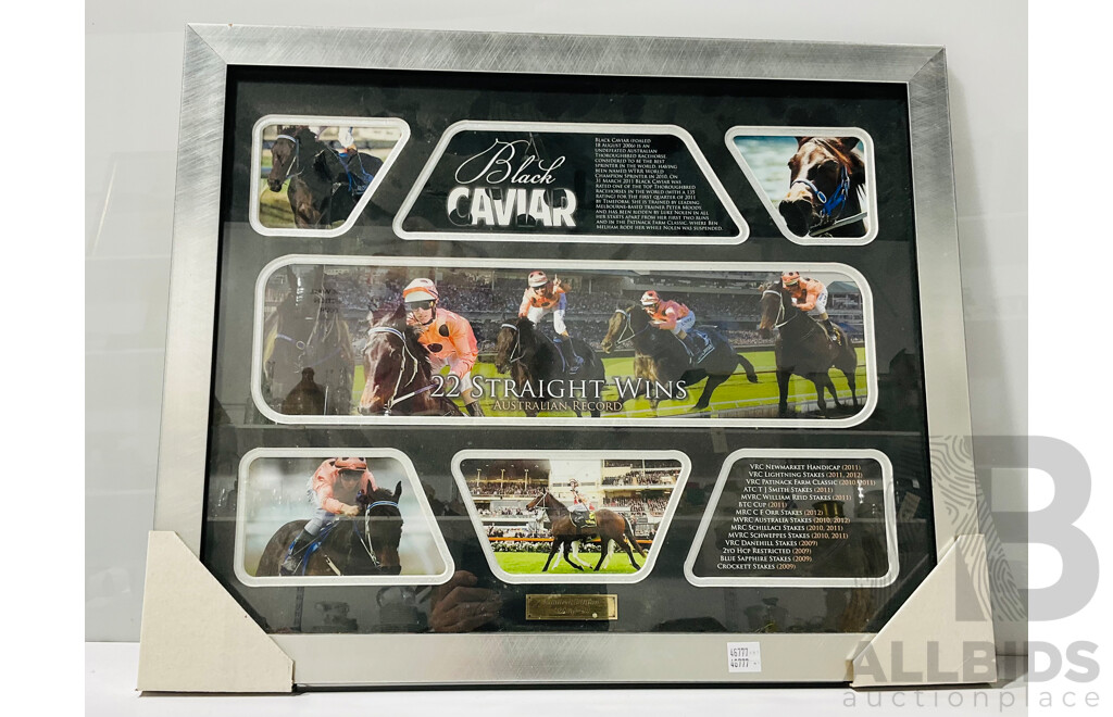 ‘Black Caviar’ Race Horse Limited Edition Commemorative Framed Photo and Statistics Display, Alongside a Book by Gerard Whateley with a Newspaper Article From 2013, and a Commemorative Medallion in Box