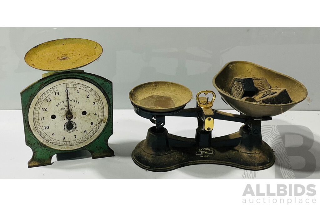 Vintage Persinware No 714 Kitchen Scales Alongside a Salter No 56 Set of Scales Complete with Five Weights