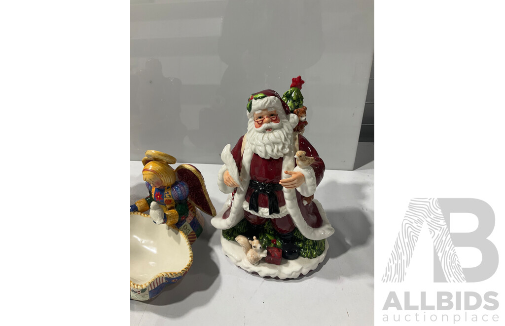Collection of Christmas Decorative Items Including Johnson Bros ‘‘Twas the Night’ Santa Claus Statue, Santa Claus Cookie Jar,  Pitcher by Studio Nova and More