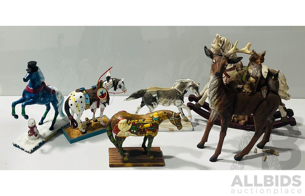 Collection of Four Horse Ornaments Including Four Trail of the Painted Ponies, a Rocking Horse and More
